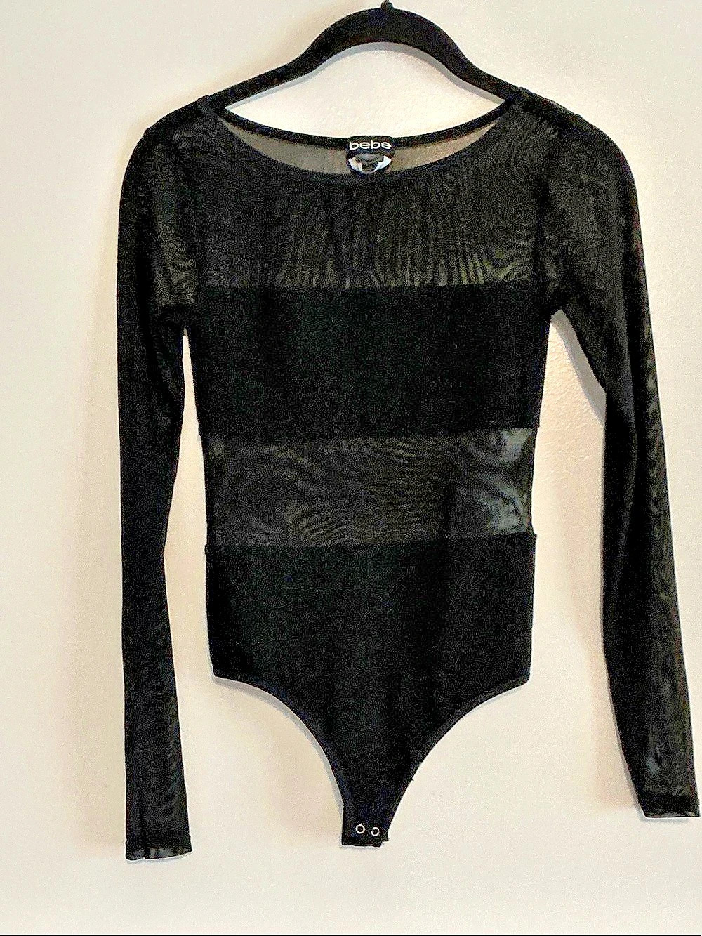 bebe Black Long Sleeve Sheer Panel Bodysuit Like New